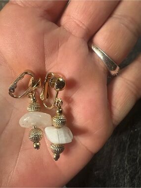 Avon Gold-Tone Clip Earrings with White Bead Drops